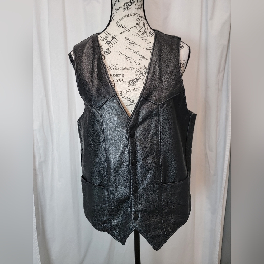 Black Leather Vintage Biker Vest Made In USA New